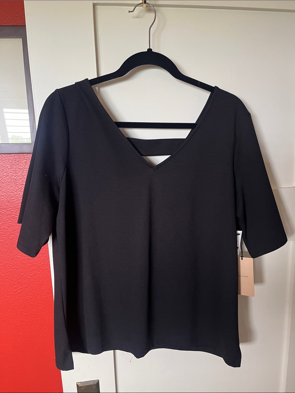 Halogen Black V-Neck Short Sleeve Top with Back Strap
